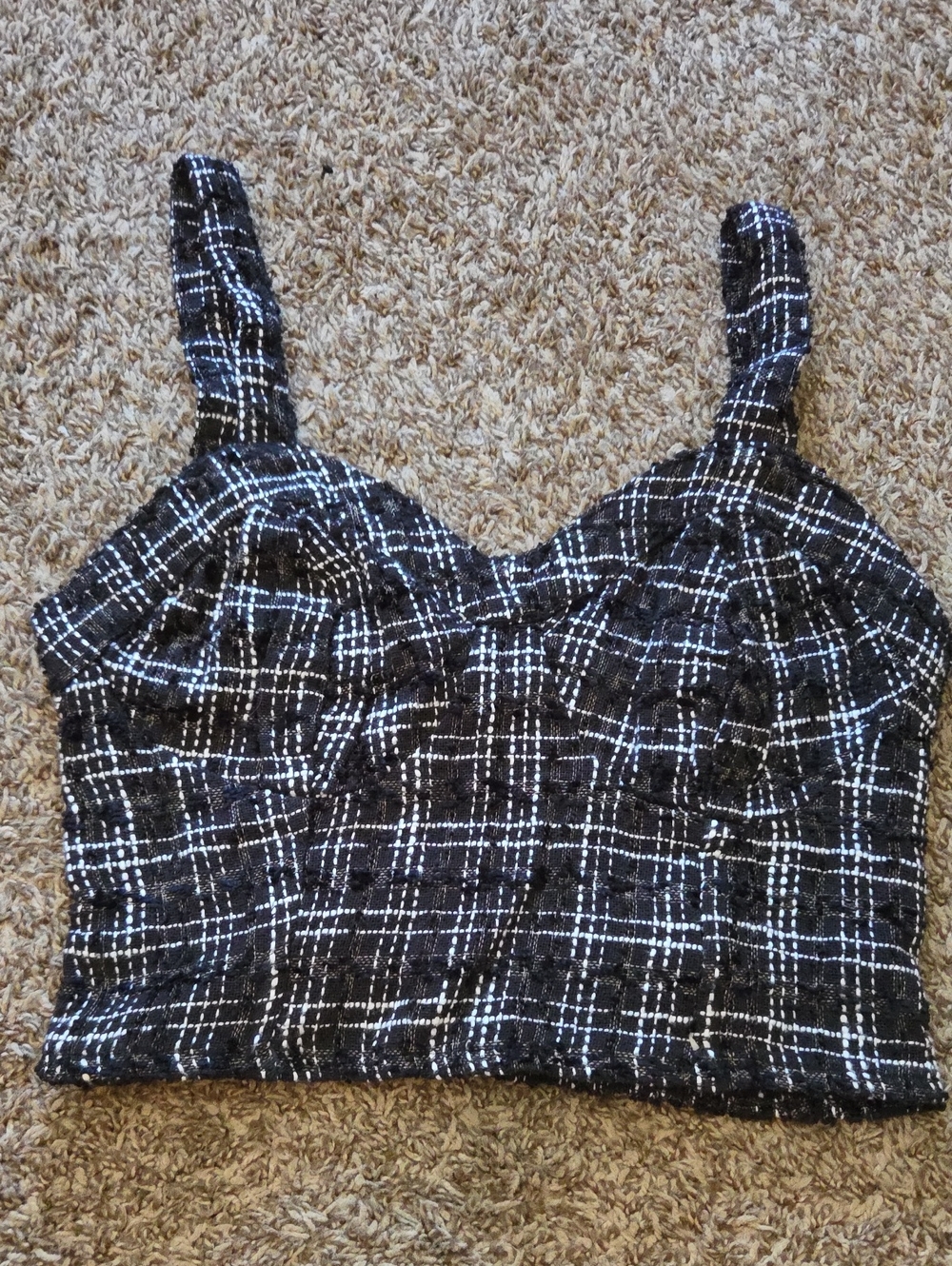 Black & White Plaid Cropped Tank Top with Wide Straps